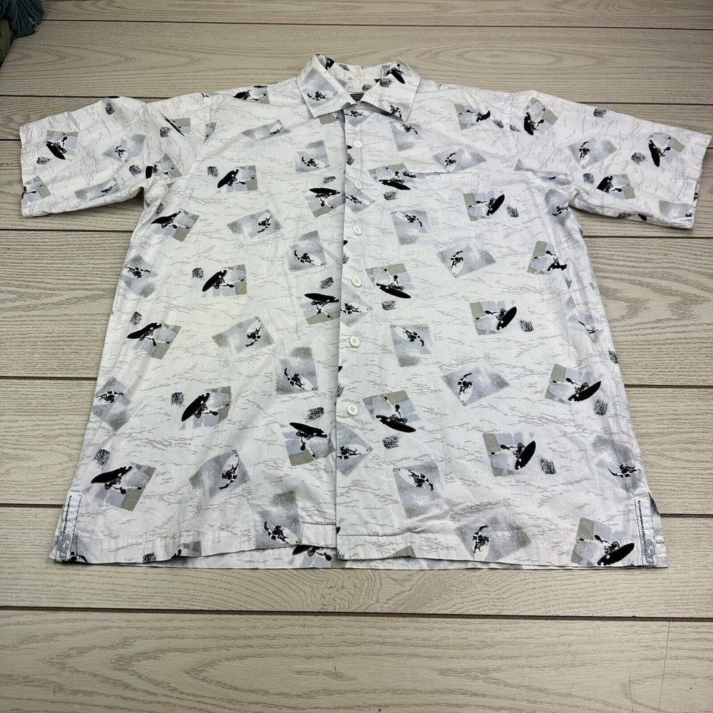 Southpole Surfer Print Cotton‎ Short Sleeve Button Down Shirt White/Blue/Tan M - Picture 2 of 6